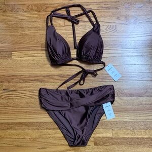 La Blanca swimsuit - shiny brown bikini set earth goddess truffle mid rise